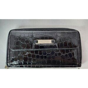 𝅺Kenneth‎ Cole Reaction Crocodile Embossed Faux Leather Wallet Zip Around Black